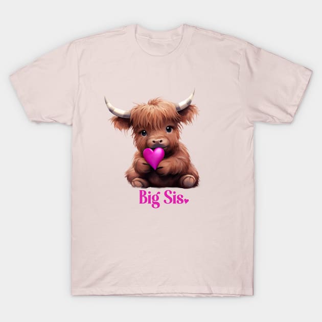 Cute Big Sis Bright Pink Highland Cow T-Shirt by k8creates